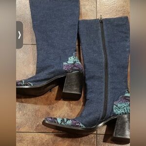 Vintage denim/ snake heeled boots